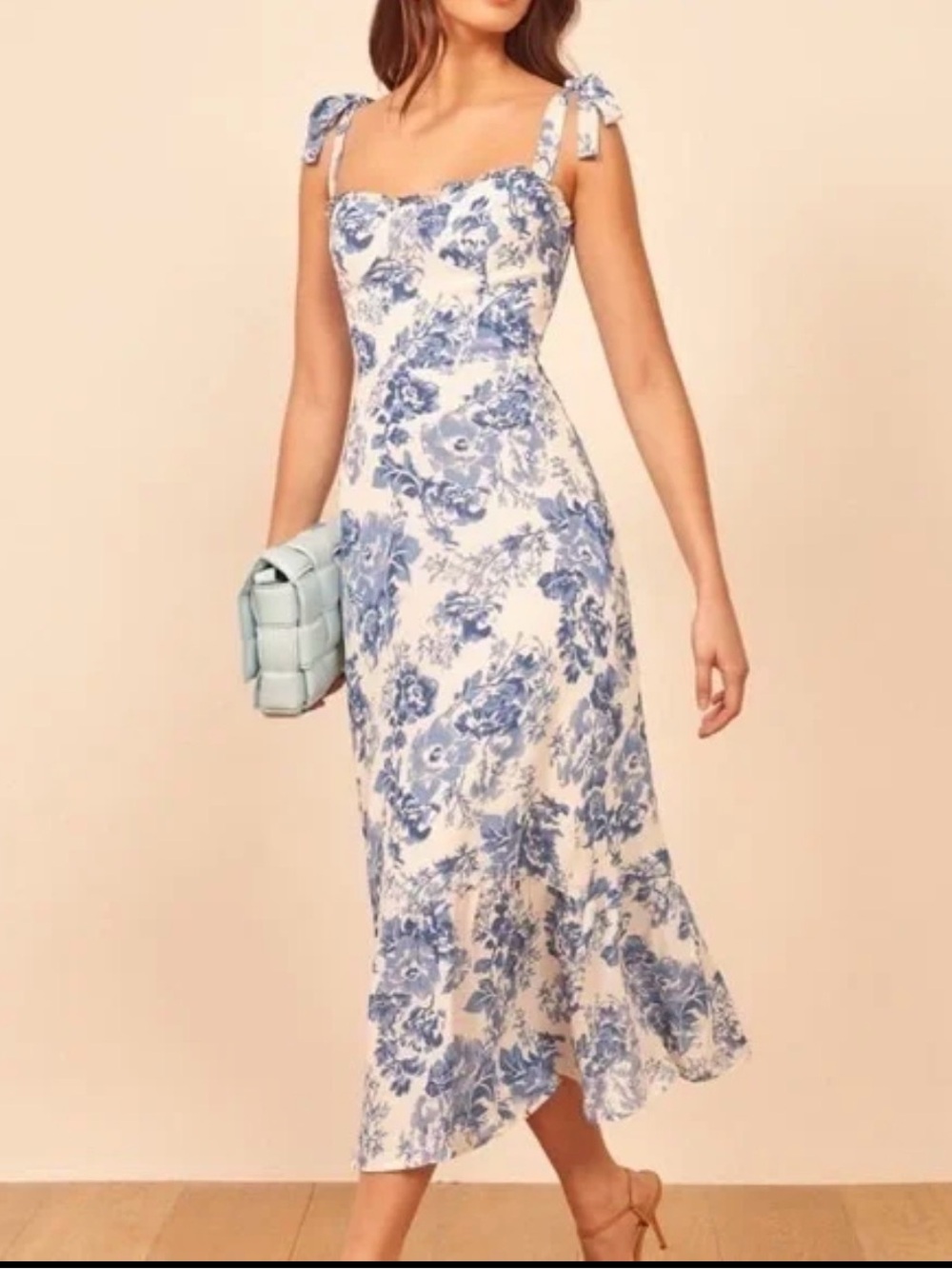 Reformation Nikita Midi Dress in Olympia Blue and White Floral, Size 6